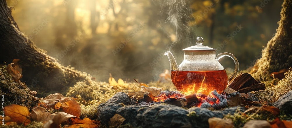 Poster brewing tea over campfire in serene forest with warm light and space for text in autumn environment