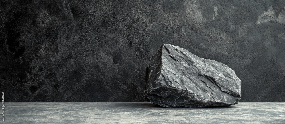 Poster black rock on gray cement floor against dark background with ample empty space for text or graphic d