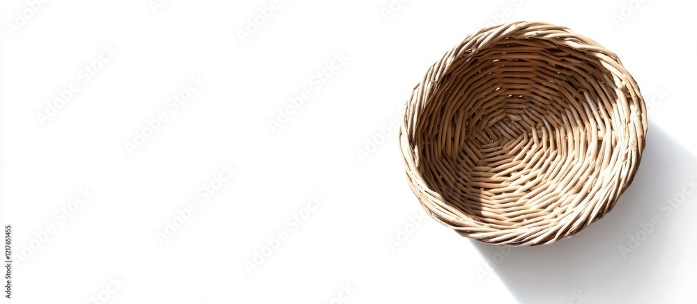 Poster empty woven basket on white background with soft shadow and space for text or graphic design element