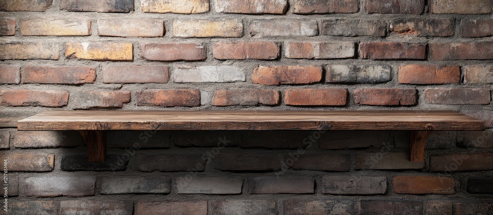 Poster Brick wall with rustic wooden shelf displaying books and ample empty space for text or promotional content