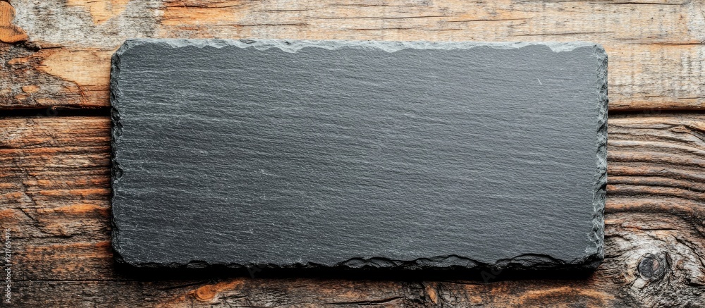 Poster black slate rectangle plate on rustic wood background with copyspace for culinary text or branding i