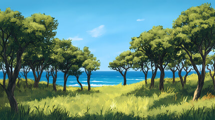 A serene landscape featuring a grove of trees against a bright blue sky and ocean backdrop. Ocean Grove. Illustration