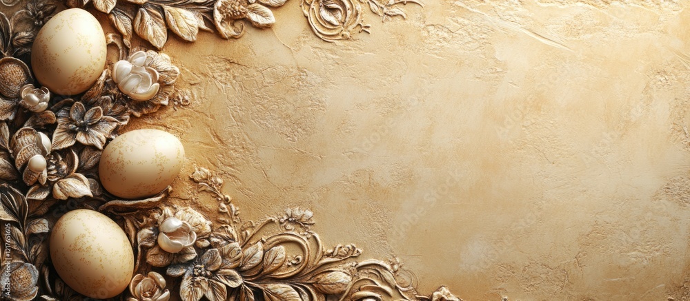 Poster elegant decorative easter eggs on a textured golden background with ample copy space for spring-them