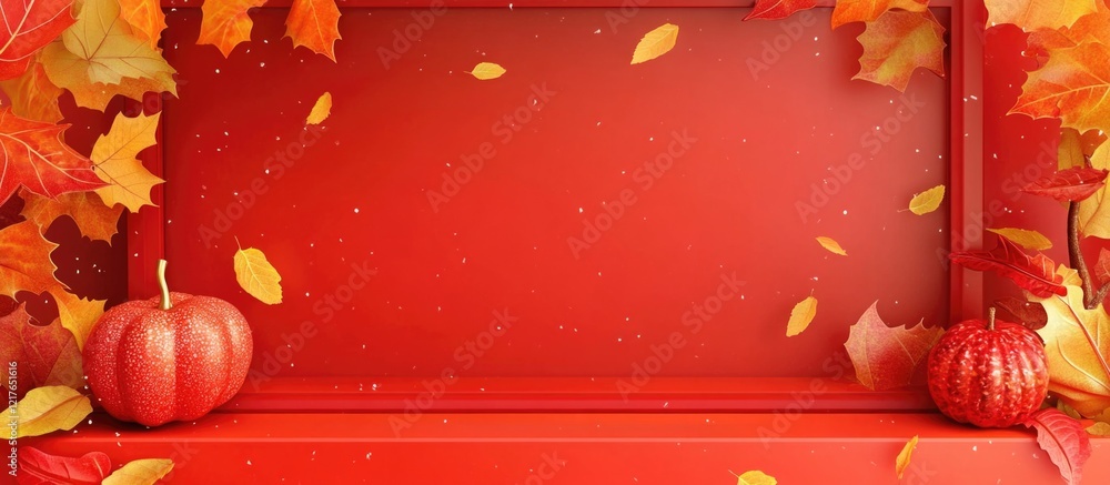Aufkleber vibrant autumn background with colorful fall leaves and pumpkins on a red surface ideal for seasonal