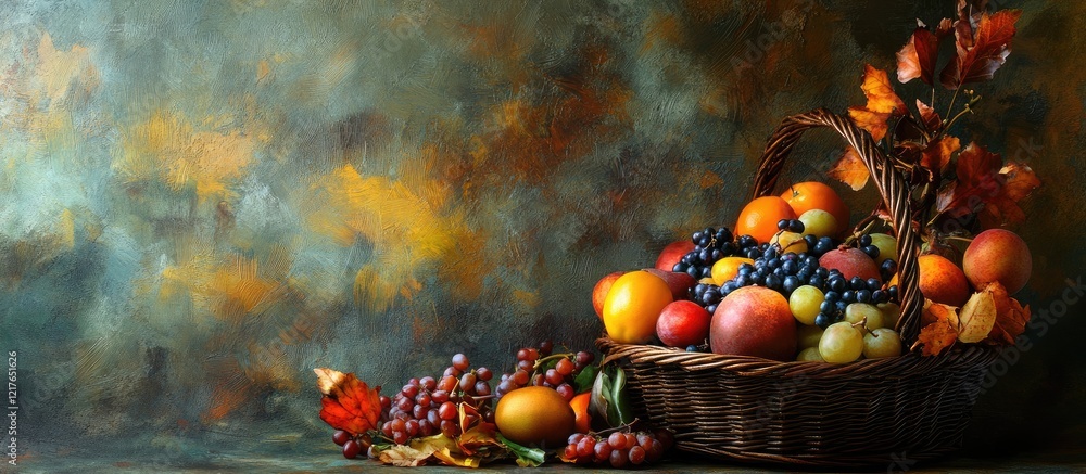 Poster basket of assorted fresh fruits in an artistic setting with vibrant colors and ample copyspace for c