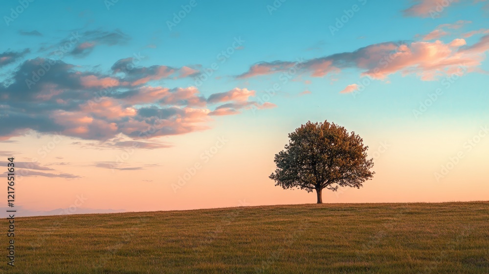 Aufkleber lonely tree on a grassy hilltop against a colorful sunset sky with clouds and copy space for text pl