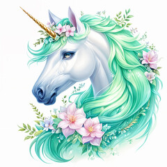 A majestic unicorn with a flowing green mane, adorned with pink flowers and leaves, standing against a white background.