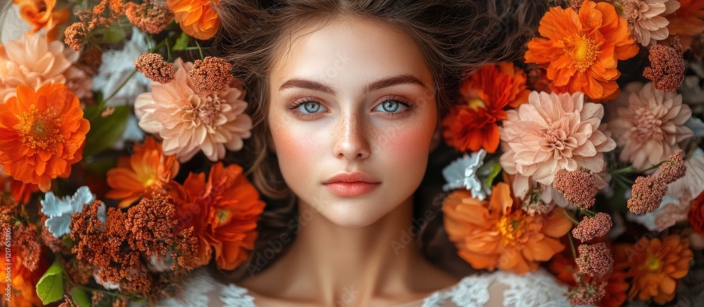 Poster bride surrounded by a vibrant orange floral bouquet on her wedding day with flat lay composition and