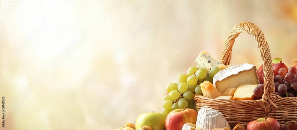 Poster assorted cheeses with wine, grapes, and apple slices in a basket on a wooden table with space for te