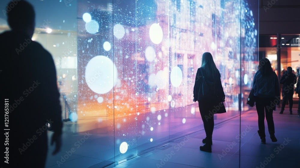 Poster people walking by an interactive display window showing colorful lights and shapes at night, creatin