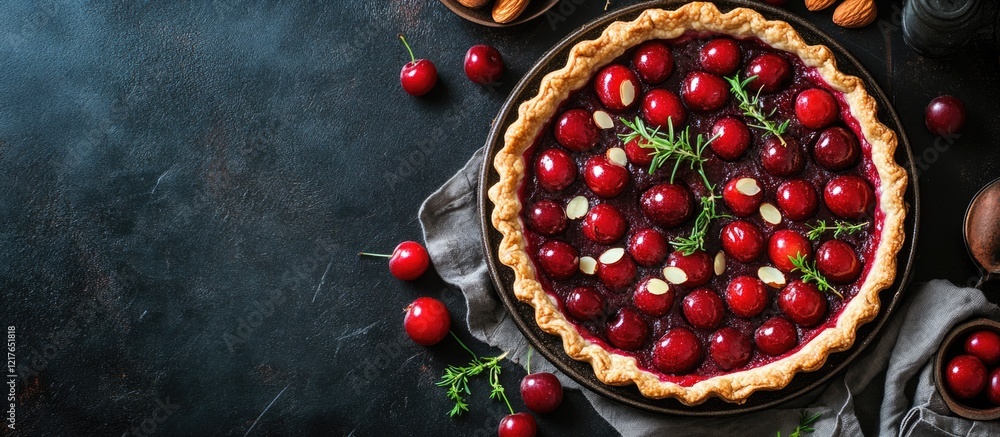 Poster cherry pie in a rustic tart shell topped with fresh cherries and almonds on a dark textured backgrou