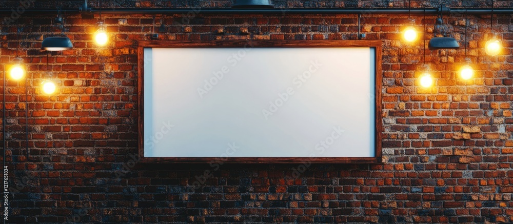 Poster blank billboard on brick wall illuminated by lights creating copyspace for advertising or messaging 
