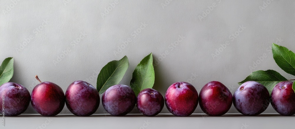 Aufkleber plums in a row with green leaves on a grey background featuring copy space for text placement