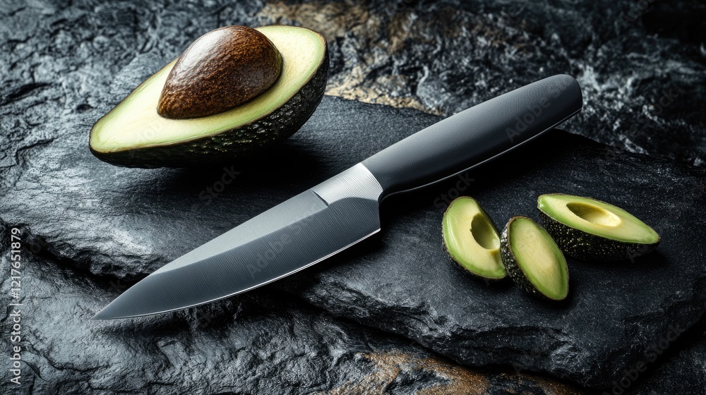Poster fresh avocado halves and slices with sharp knife on textured black slate surface in culinary setting
