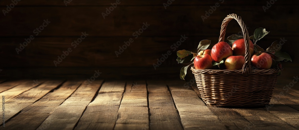 Poster basket of freshly picked red apples on rustic wooden floor with empty space for text showcasing orga