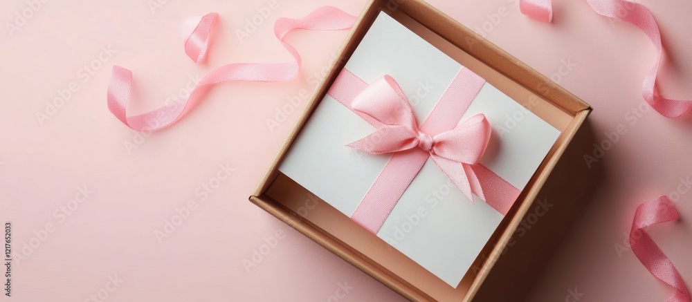 Poster pastel background with blank cards in box and pink ribbon top view for text copyspace