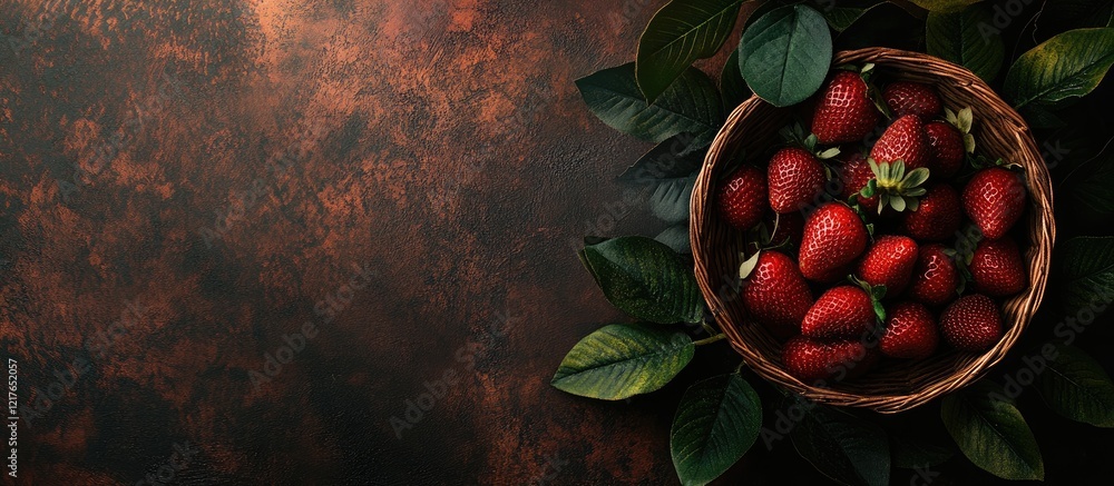 Poster fresh strawberries in a woven basket with green leaves on a rustic wooden backdrop with empty space 