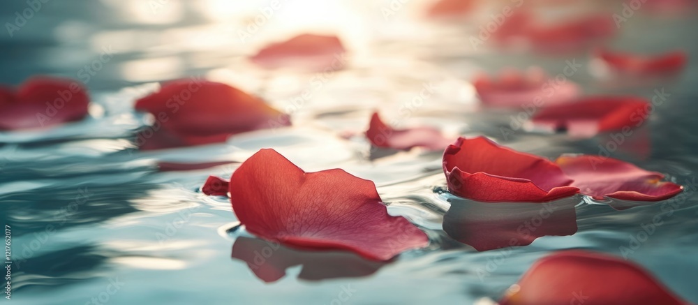 Poster rose petals gently floating on serene water surface with soft light and empty space for text or mess