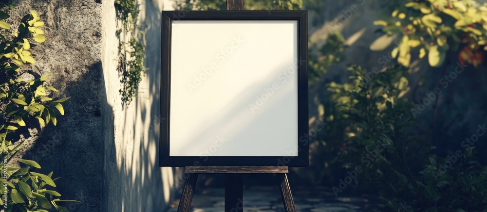 Aufkleber Blank easel with empty black frame in outdoor setting ready for text or artwork with natural light and greenery background