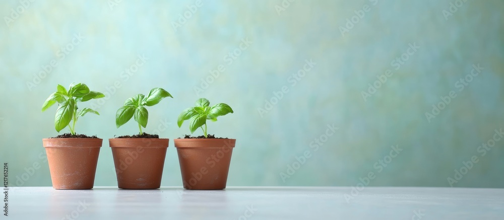 Poster basil plants in terracotta pots on a bright table with a serene indoor background and ample negative