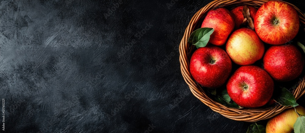 Poster freshly harvested apples in a rustic basket on a dark textured background with ample copyspace for t