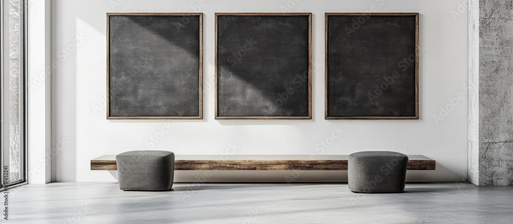 Poster Dark Wooden Frames on White Wall with Empty Spaces for Text and Minimalist Seating Arrangement in Contemporary Interior Design