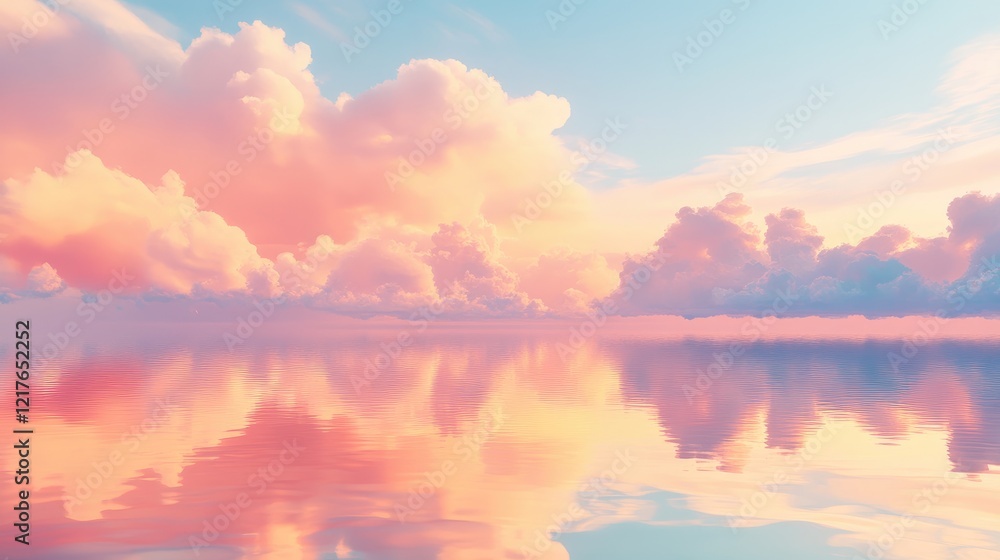 Poster colorful sunset clouds reflecting in calm water with a tranquil atmosphere and ample copy space for 