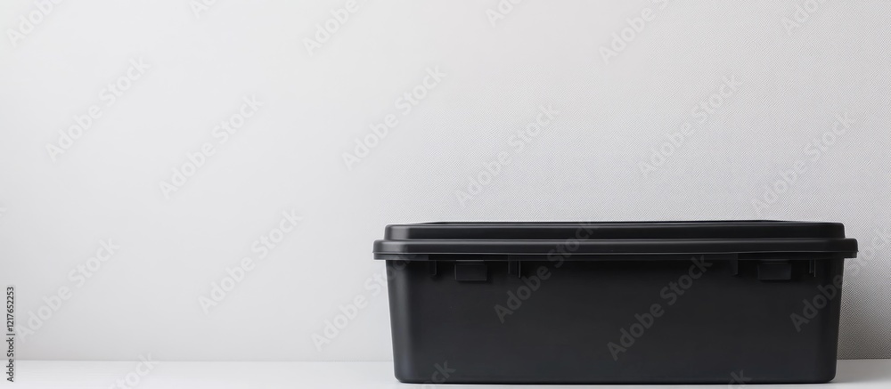 Poster black plastic storage box isolated on white background with generous copyspace for text and minimali