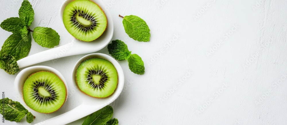 Poster fresh sliced kiwi with mint leaves and teaspoons on white background for culinary or beverage promot