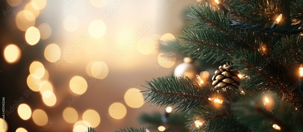 Poster Blurred Christmas Background with Fir Branches and Bokeh Lights for Copyspace and Festive Text Decoration
