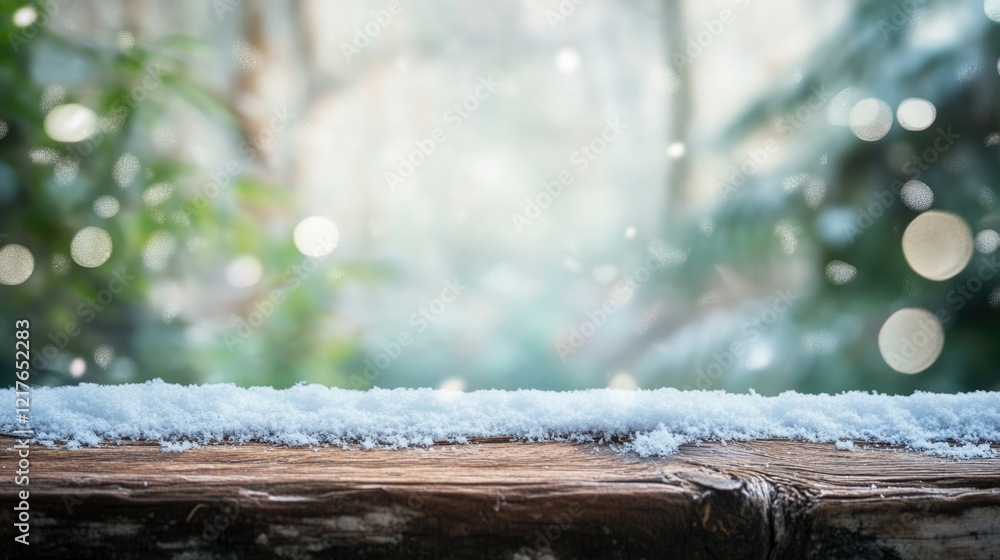 Poster Snow Coverage on Rustic Wooden Table with Soft Focus Background and Blurred Winter Bokeh Copy Space