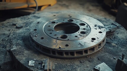 Measuring internal features of a car brake disc with calipers in a workshop showcasing industrial components and empty space for text.