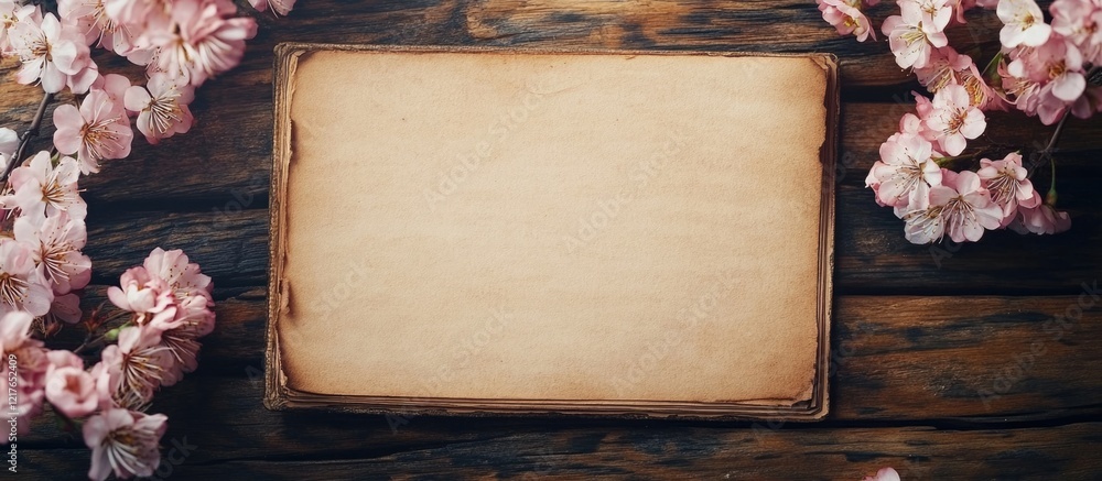 Poster vintage card mockup on rustic table surrounded by blossoms with ample copyspace for creative text or