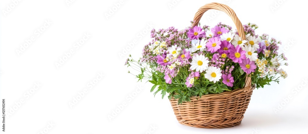 Poster basket filled with vibrant flowers on a white background with ample space for text or design element