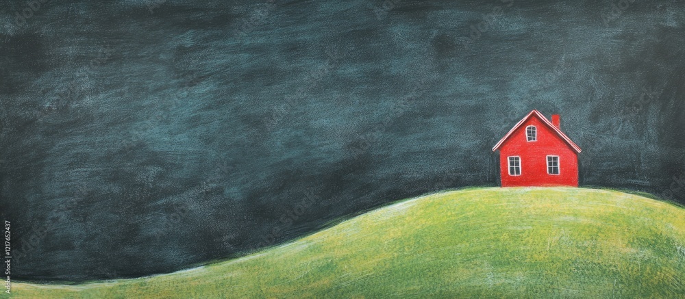 Poster chalkboard background featuring red farmhouse on hill with expansive copyspace for creative text or 