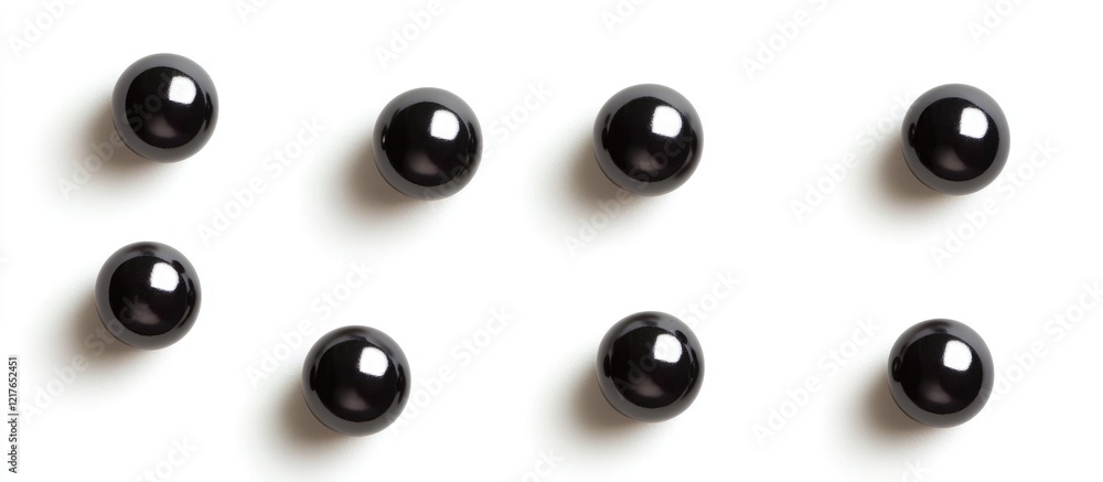 Poster black paper pearls arranged on a white background with ample copyspace for text or branding in a min