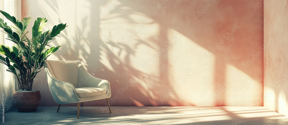 Aufkleber Sunlit minimalist room featuring a soft-colored armchair and planter with ample empty space for text or design elements
