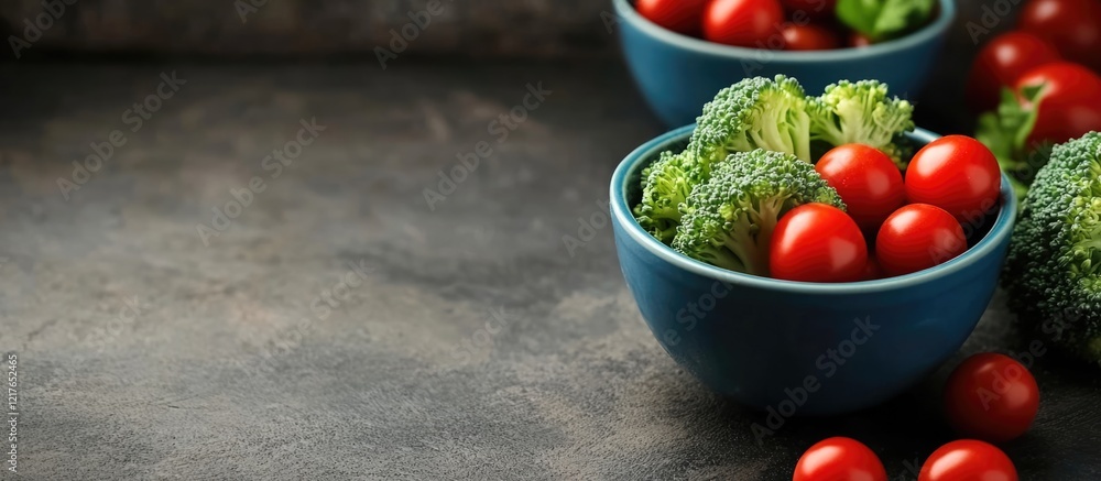 Poster fresh broccoli florets and cherry tomatoes in blue bowls with text space on a dark background for he