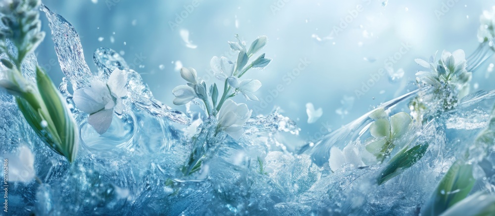 Aufkleber Frozen Flora Liquid Design Featuring Botanical Elements with Copyspace for Text in an Ethereal Blue Water Background