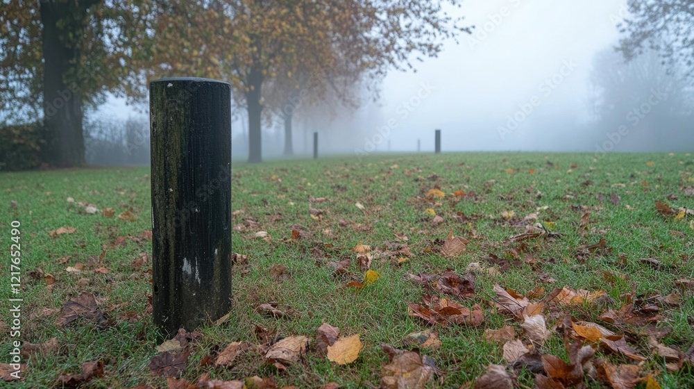 Poster foggy park with autumn leaves scattered on grass and wooden posts creating a serene and tranquil atm