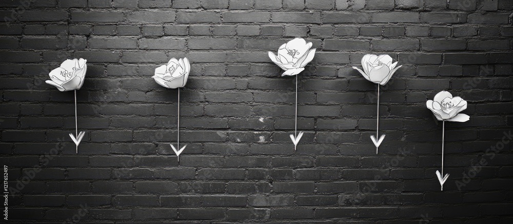 Aufkleber Brick wall with white arrows and flowers creating a striking contrast perfect for adding custom text or messages in a minimalist design