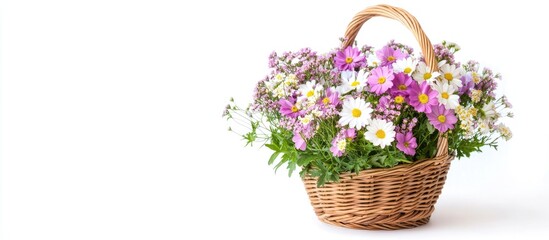 Basket filled with vibrant flowers on a white background with ample space for text or design elements showcasing floral beauty.