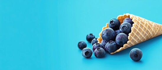 Blueberry ice cream cone with fresh blueberries on a vibrant turquoise background featuring ample copyspace for text or branding.