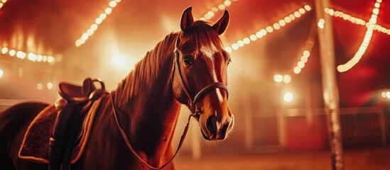 Horse in a circus environment with warm lighting and decorative bulbs, Copy Space available for text placement.