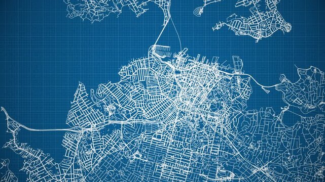 Ink reveal animation of Auckland city, North Island, New Zealand, grid map. Aerial top view. Blueprint style. White lines with blue background. 4K Seamless loop.