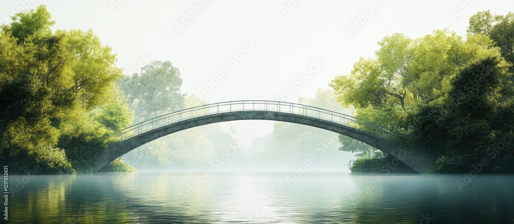 Poster Serene bridge over tranquil river framed by lush trees and mist, creating inviting space for text and nature-inspired design elements.