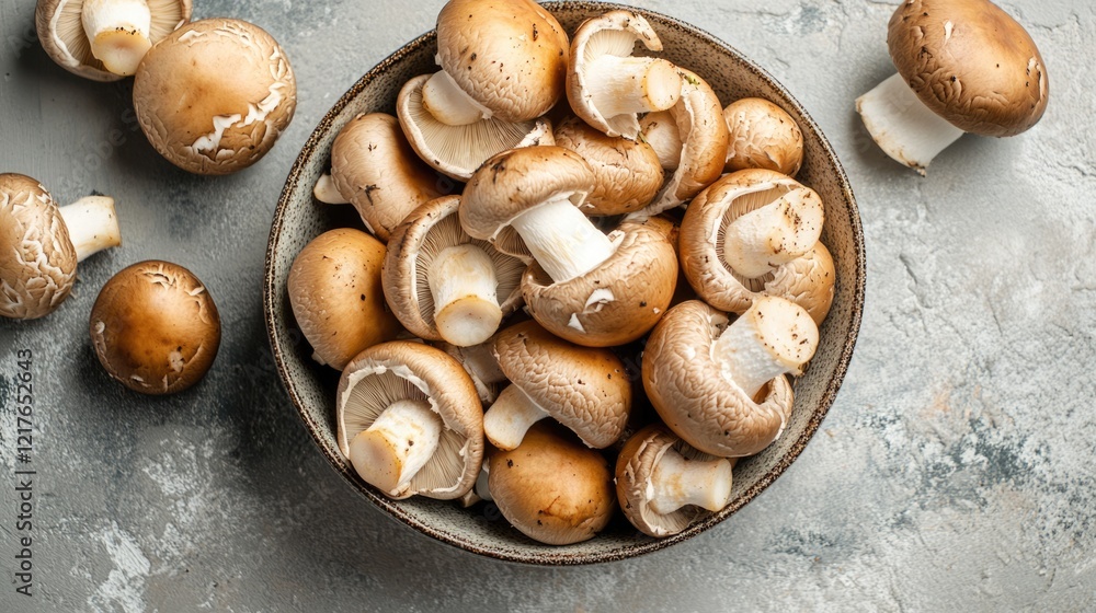 Poster fresh brown mushrooms in a rustic bowl on a textured grey surface with copy space for text placement