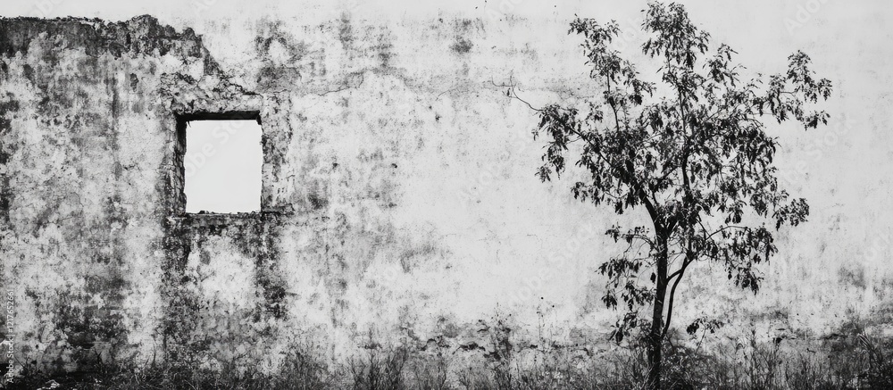 Poster black and white image of an abandoned factory wall with a tree and ample empty space for text or gra