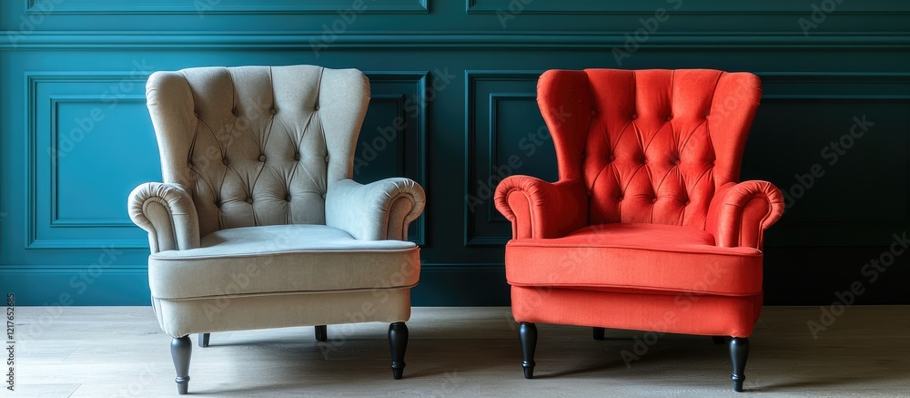 Poster Bright and inviting room featuring two stylish armchairs against a teal wall with ample empty space for text and design elements.
