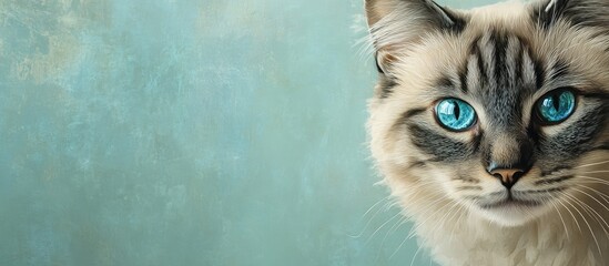 Blue-eyed Ragdoll cat portrait with soft focus background and copy space for text usage